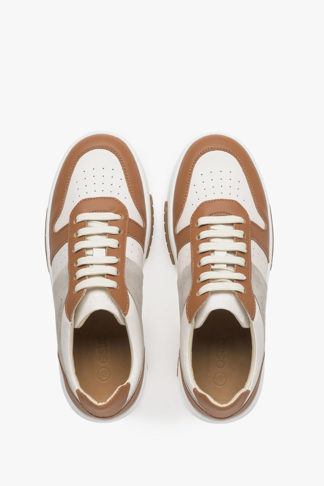 Women's brown and white sneakers made of genuine leather by Estro - top view presentation of the model.