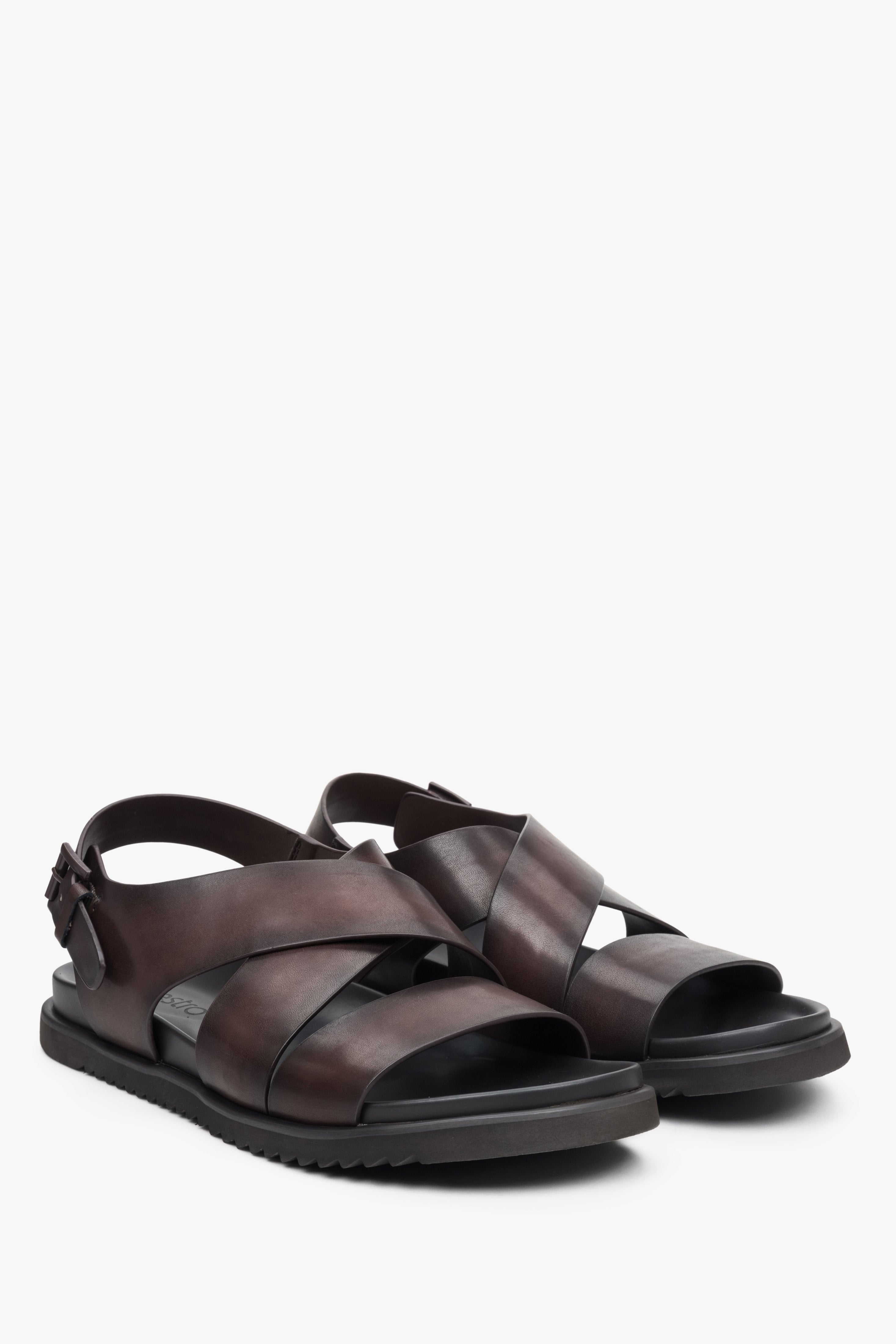 Men's dark beige leather summer sandals with thick, crossed straps, by Estro.