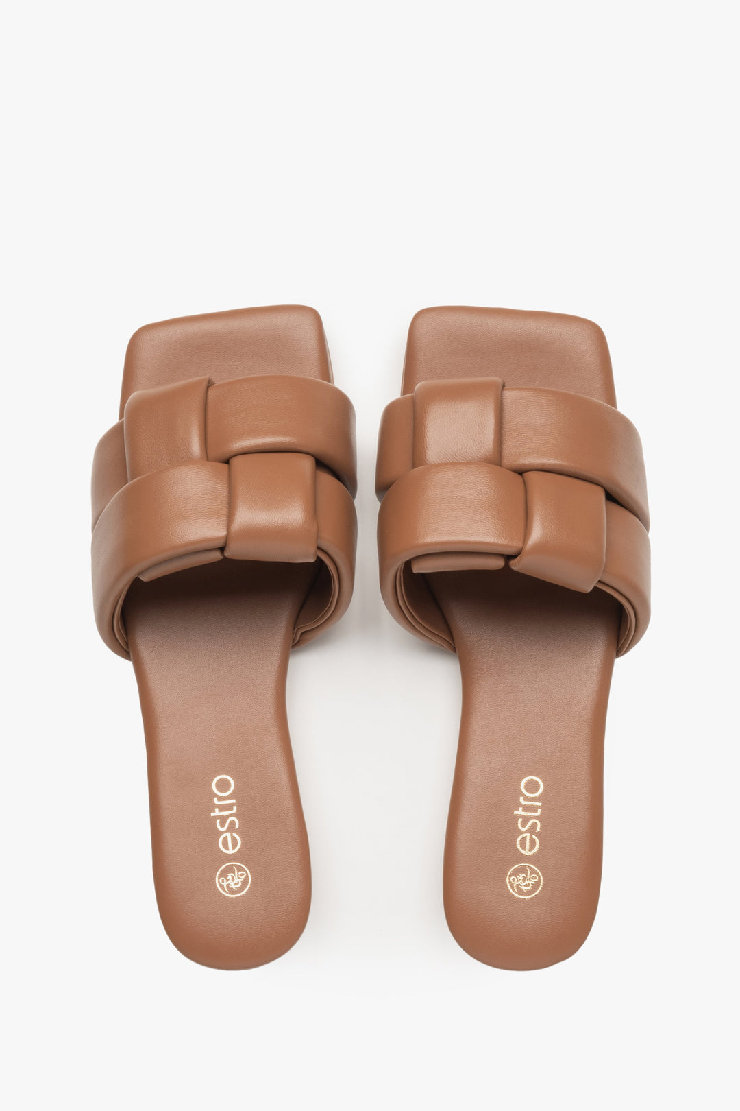 Women's light brown leather slides by Estro - top view presentation of the model.