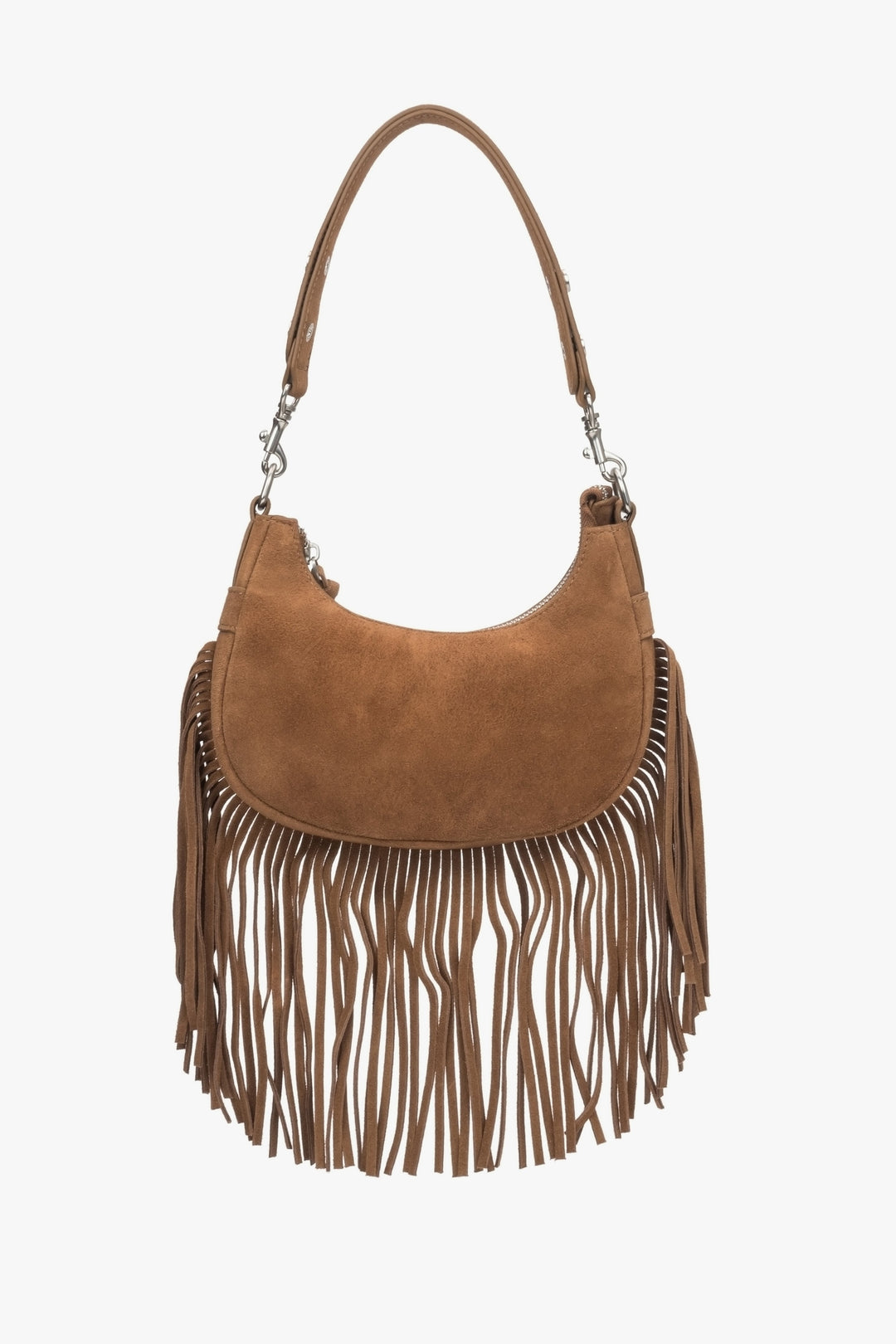 Brown velour women's shoulder bag with fringes.
