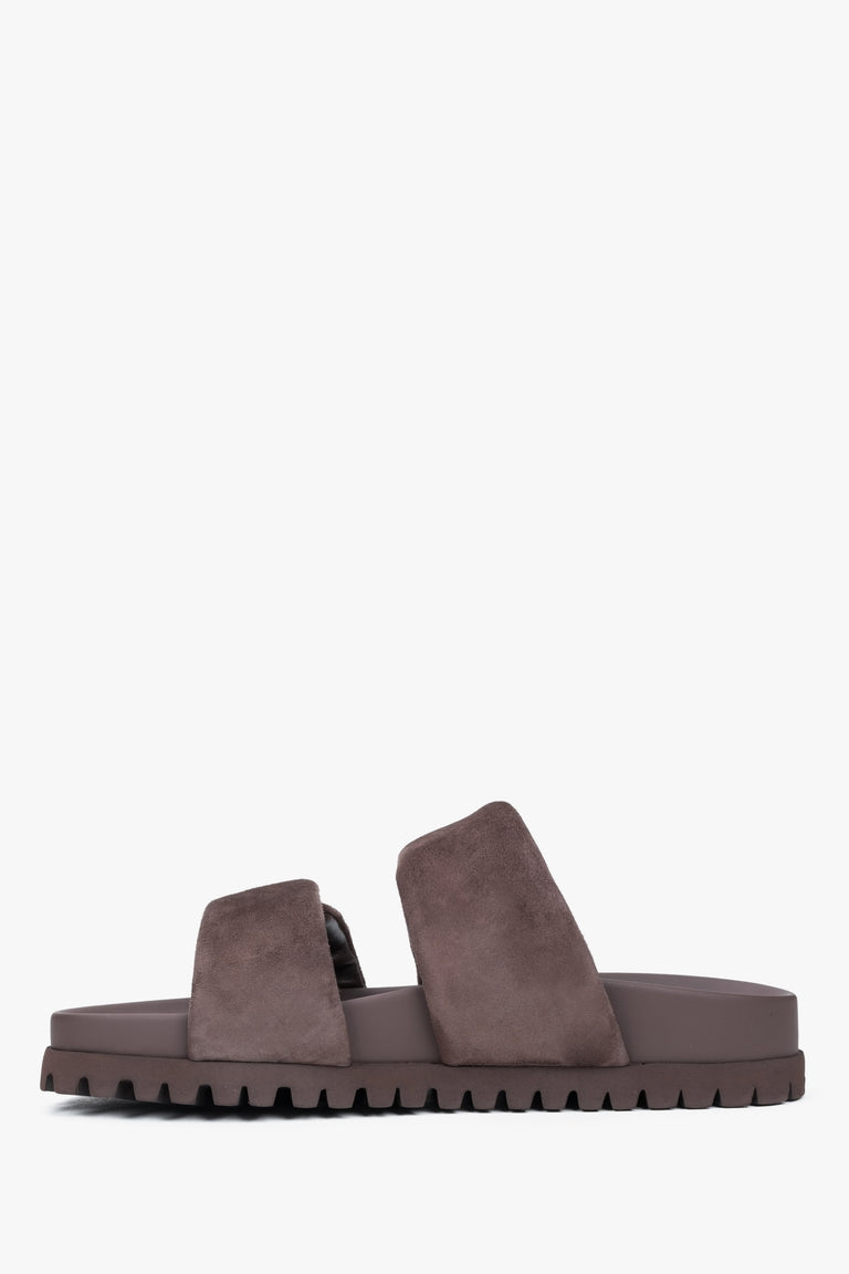 Stylish women's dark brown slides by Estro, crafted from high-quality genuine velour and featuring soft, delicate straps.
