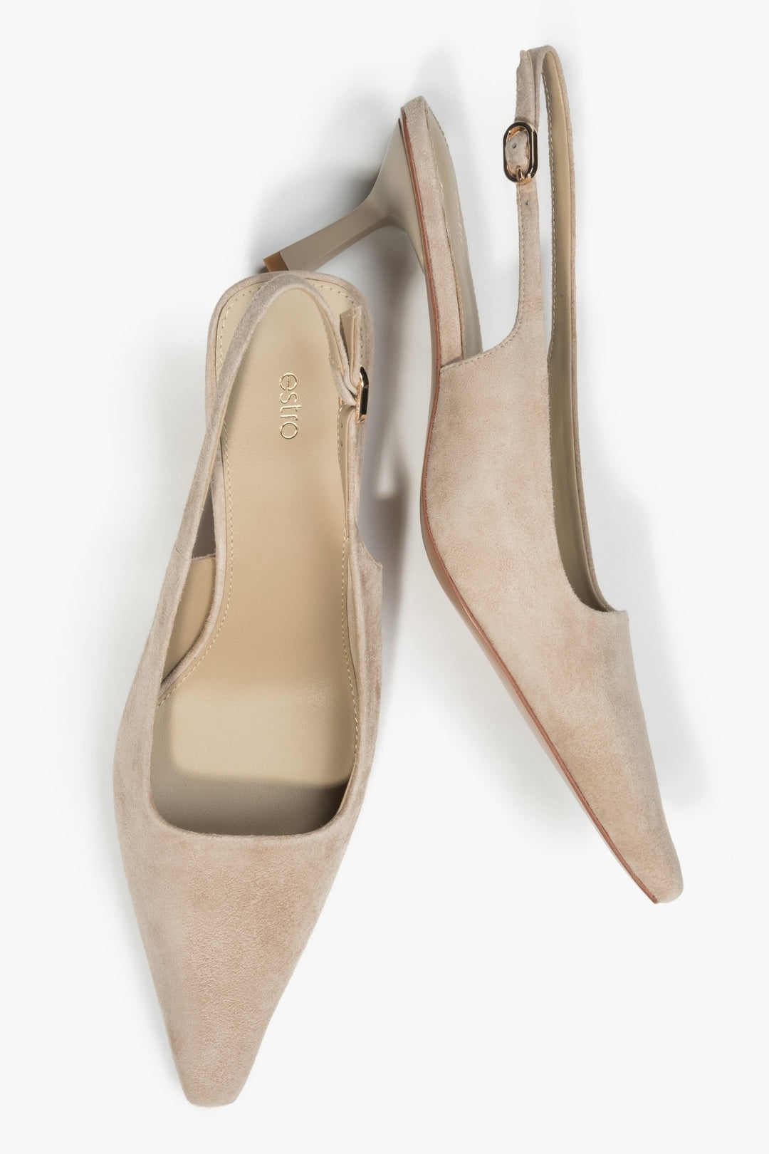 Beige velour slingback pumps with a low heel by estro.