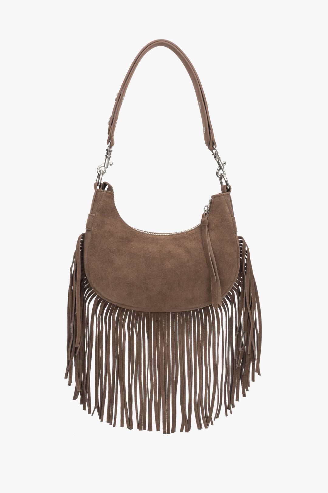 Women's Dark Brown Shoulder Bag made of Genuine Velour with Fringes Estro ER00116828.