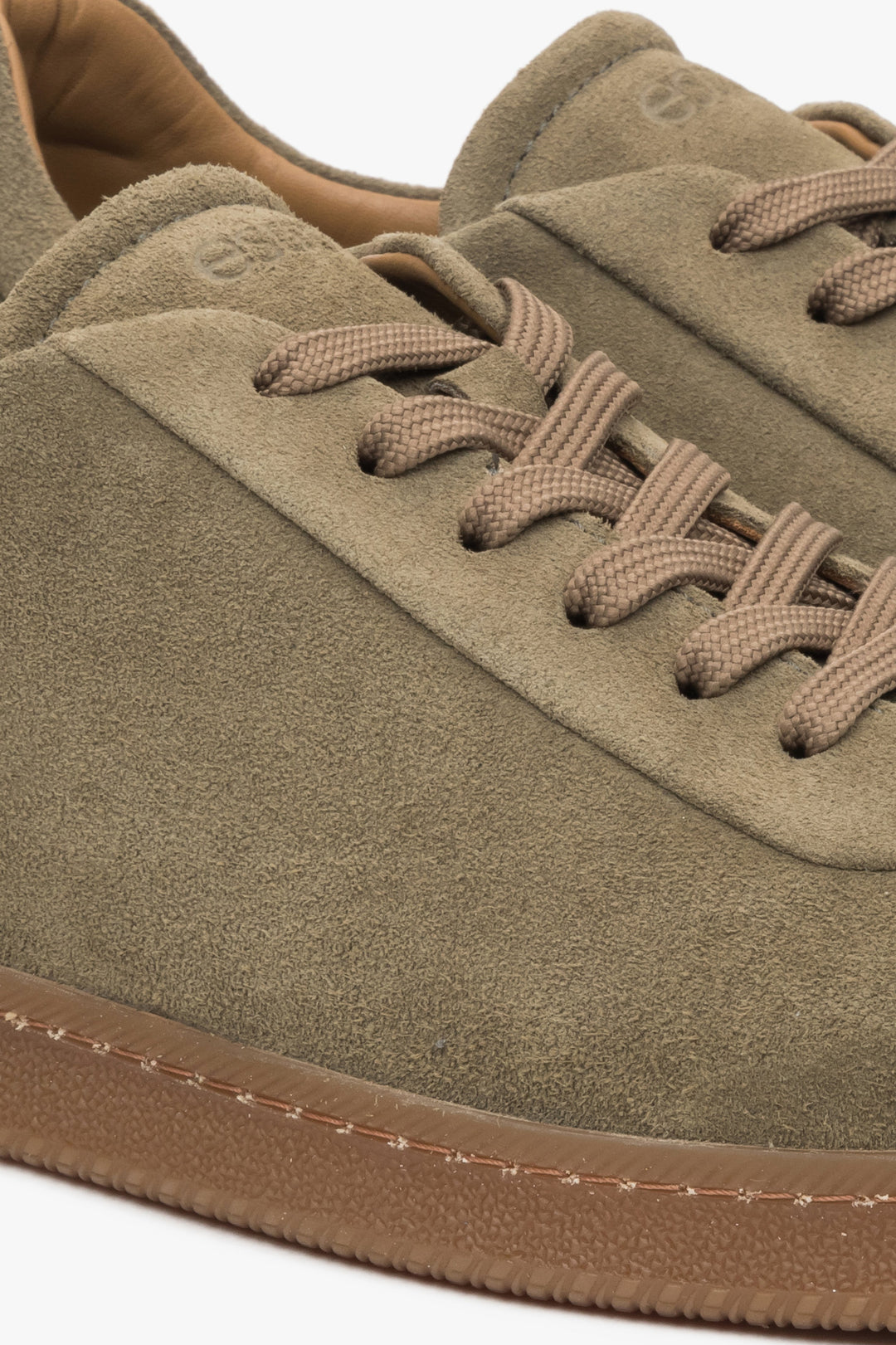 Khaki men's sneakers by Estro, made of premium Italian genuine velour – details.