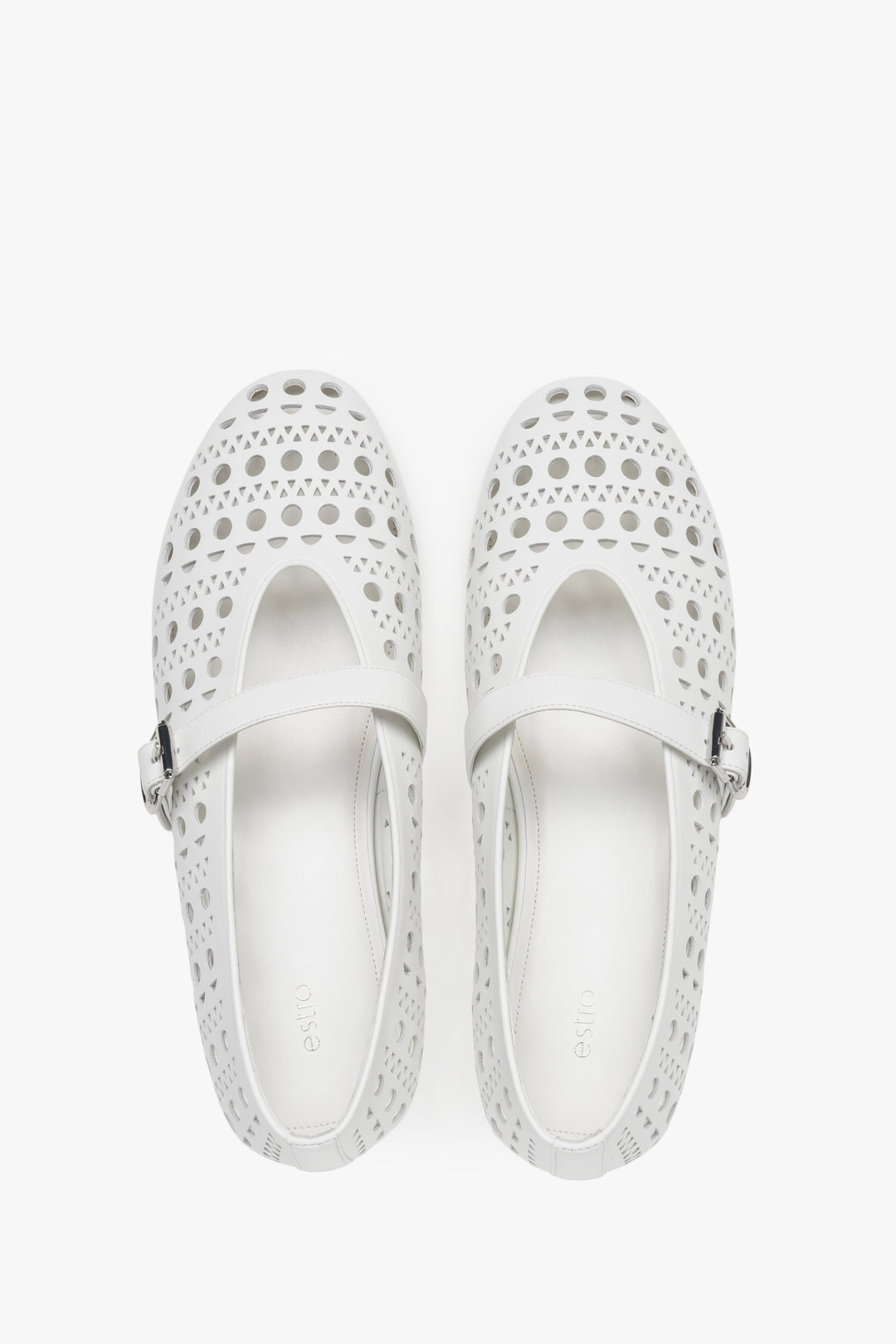 Comfortable white perforated Estro women's ballet flats made of genuine leather - top view presentation.