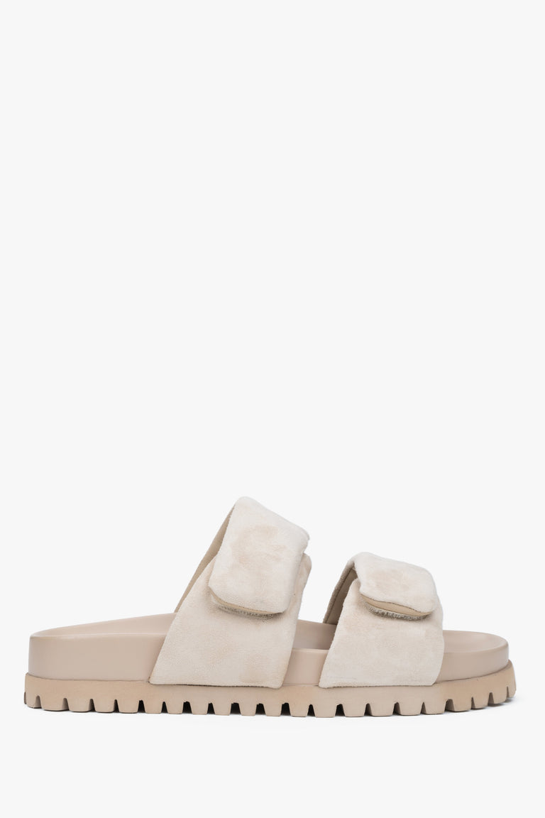 Women's Light Beige Velour Slide Sandals with Soft Straps Estro ER00116944.