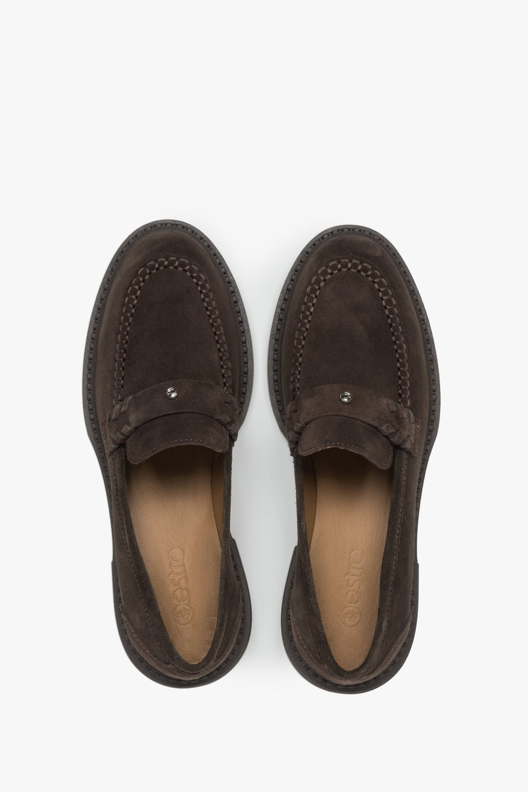 Brown velour penny loafers for women - top view of the shoes.