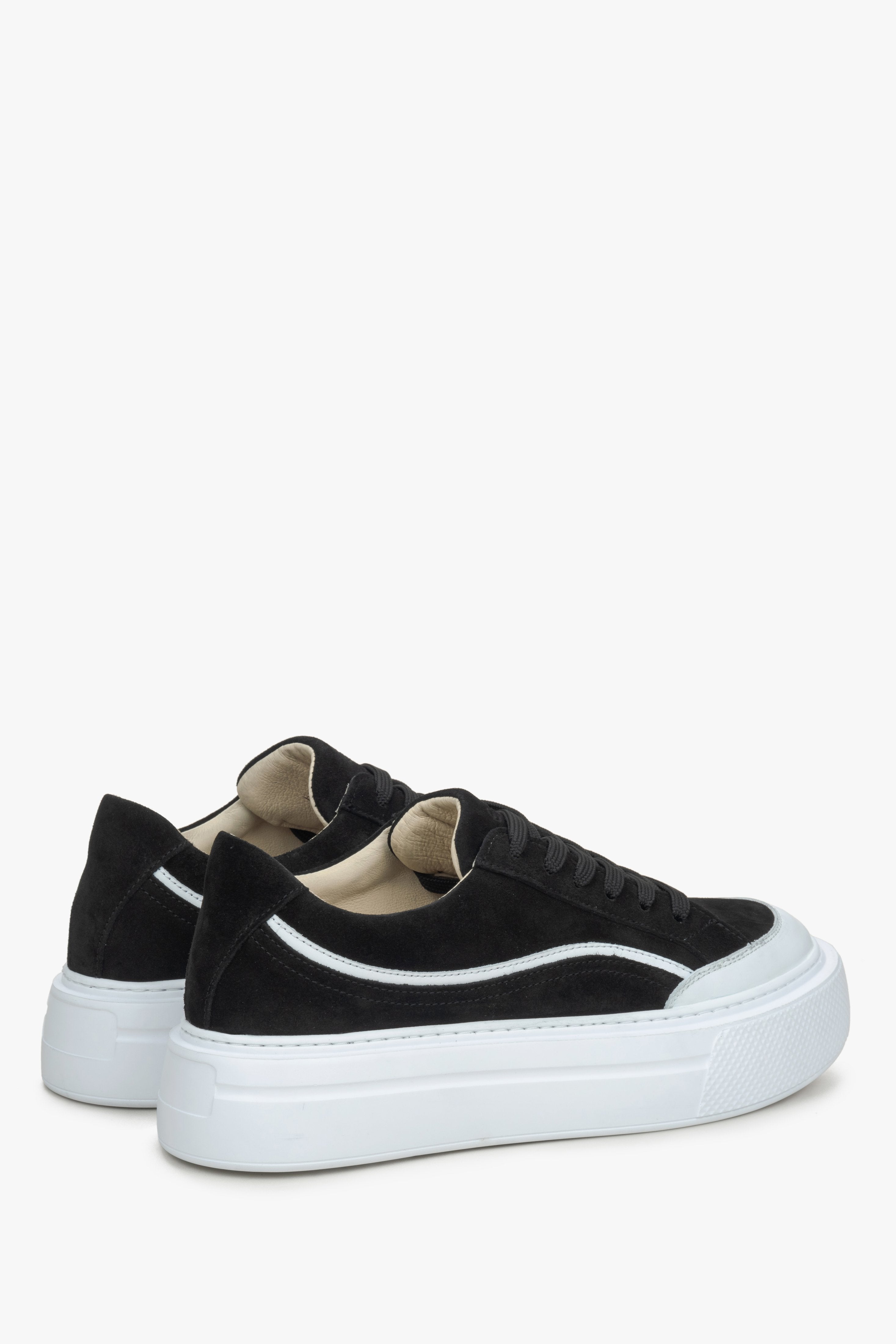 Estro women's  black velour sneakers - close-up of the side vamp and heel.