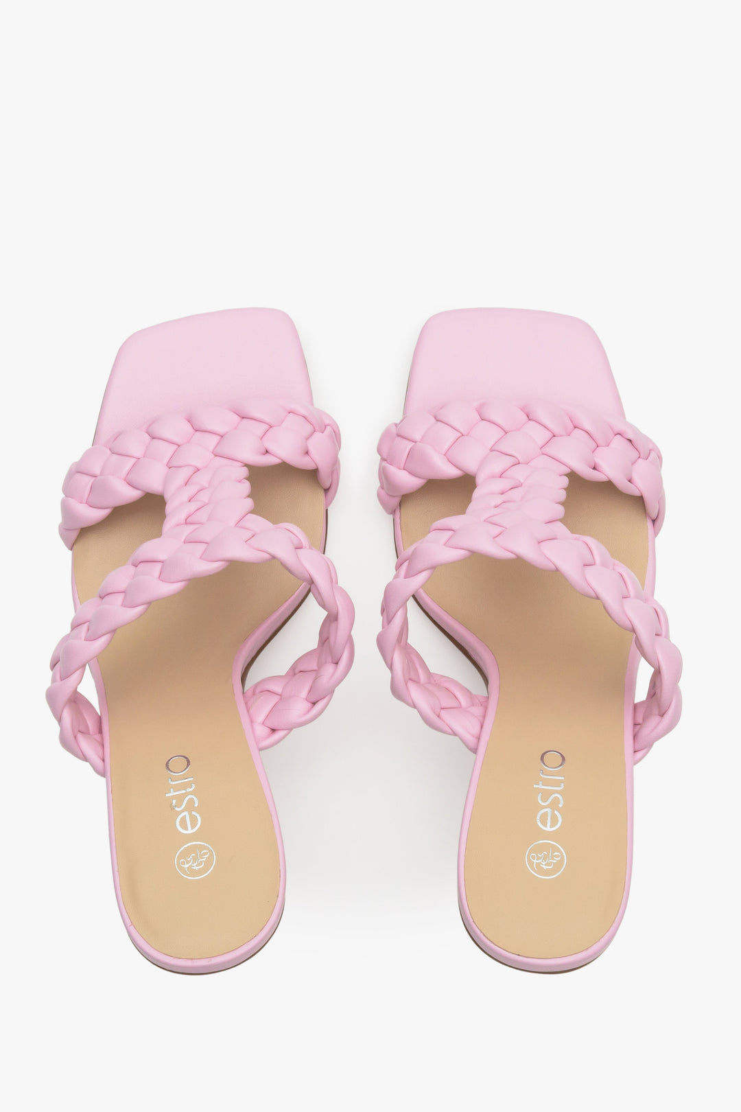 Pink heeled mules with embroided straps made of genuine leather, Estro brand.