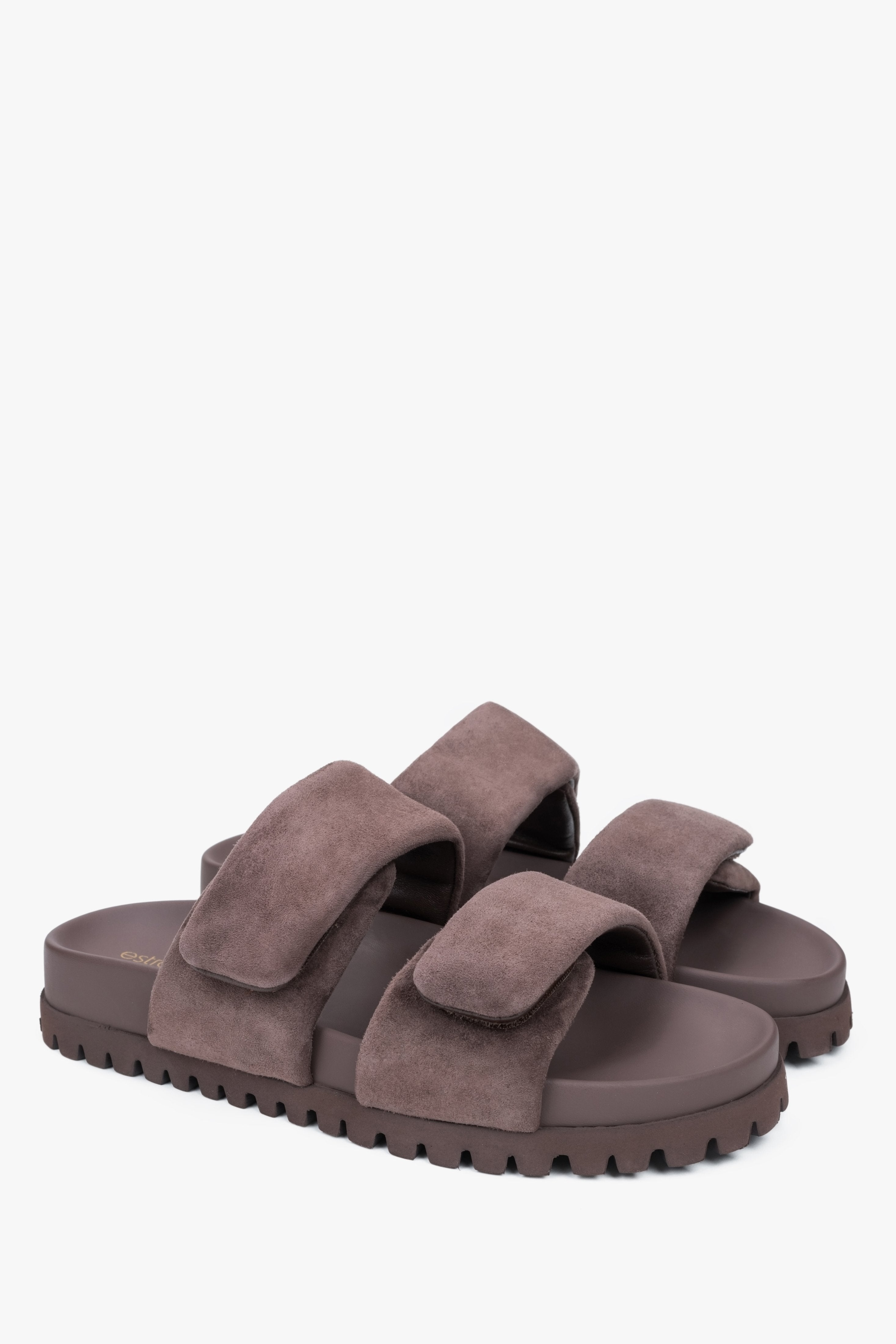 Comfortable dark brown women's slides by Estro, made from genuine velour and featuring soft straps for added comfort.