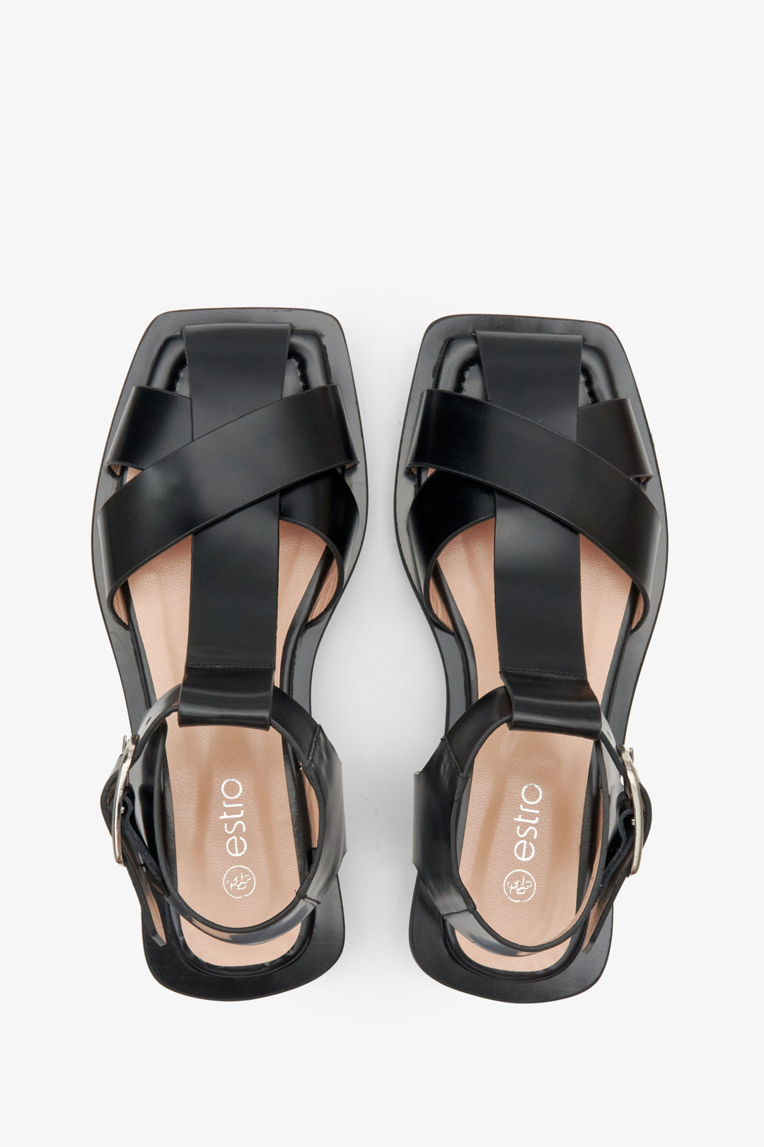 Women's black leather sandals for summer Estro - presentation of footwear from above.