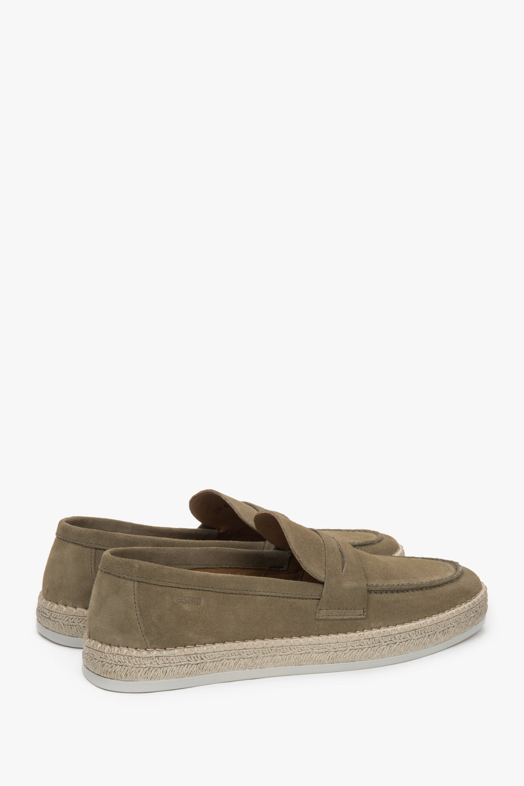 Estro khaki men's velour moccasins - close-up on the side line and heel counter of the shoes.