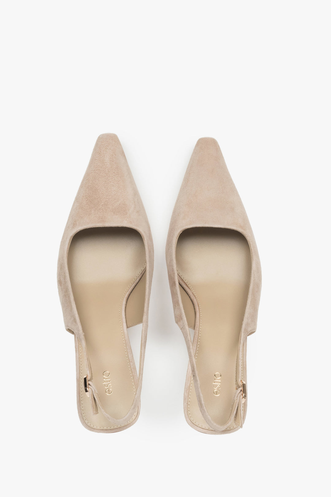 Stylish women's pumps by estro in a beige  shade, made of soft velour, slingback style, set on a comfortable low heel.