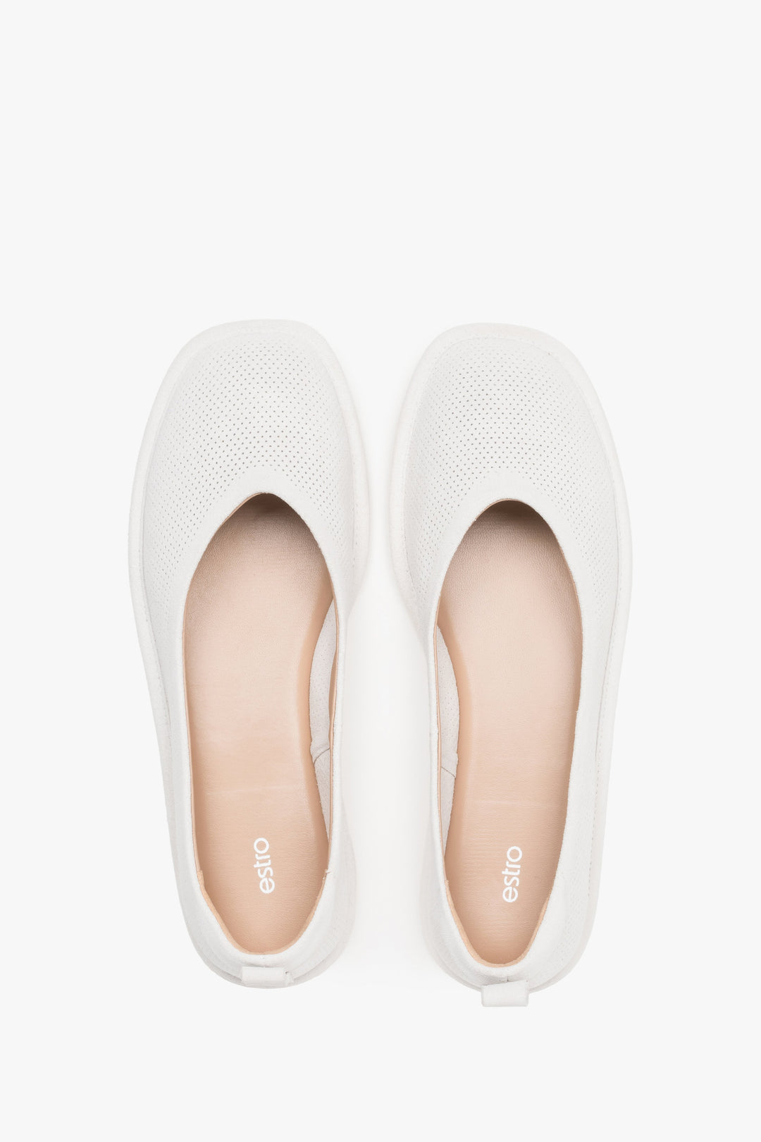 Soft women's ballet flats made of perforated genuine velour in a white shade by Estro – top view presentation.