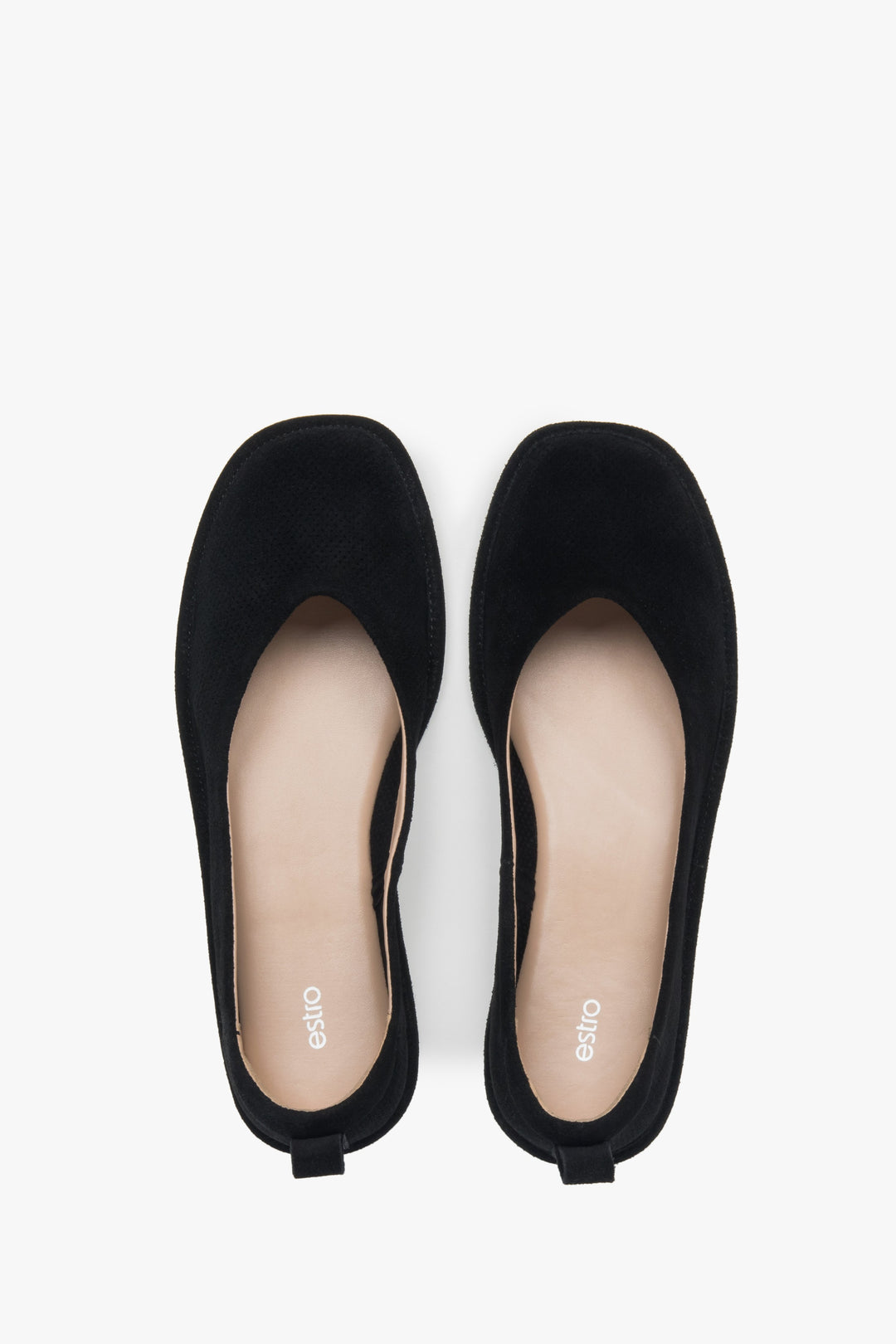 Soft women's ballet flats made of perforated genuine velour in a black shade by Estro – top view presentation.