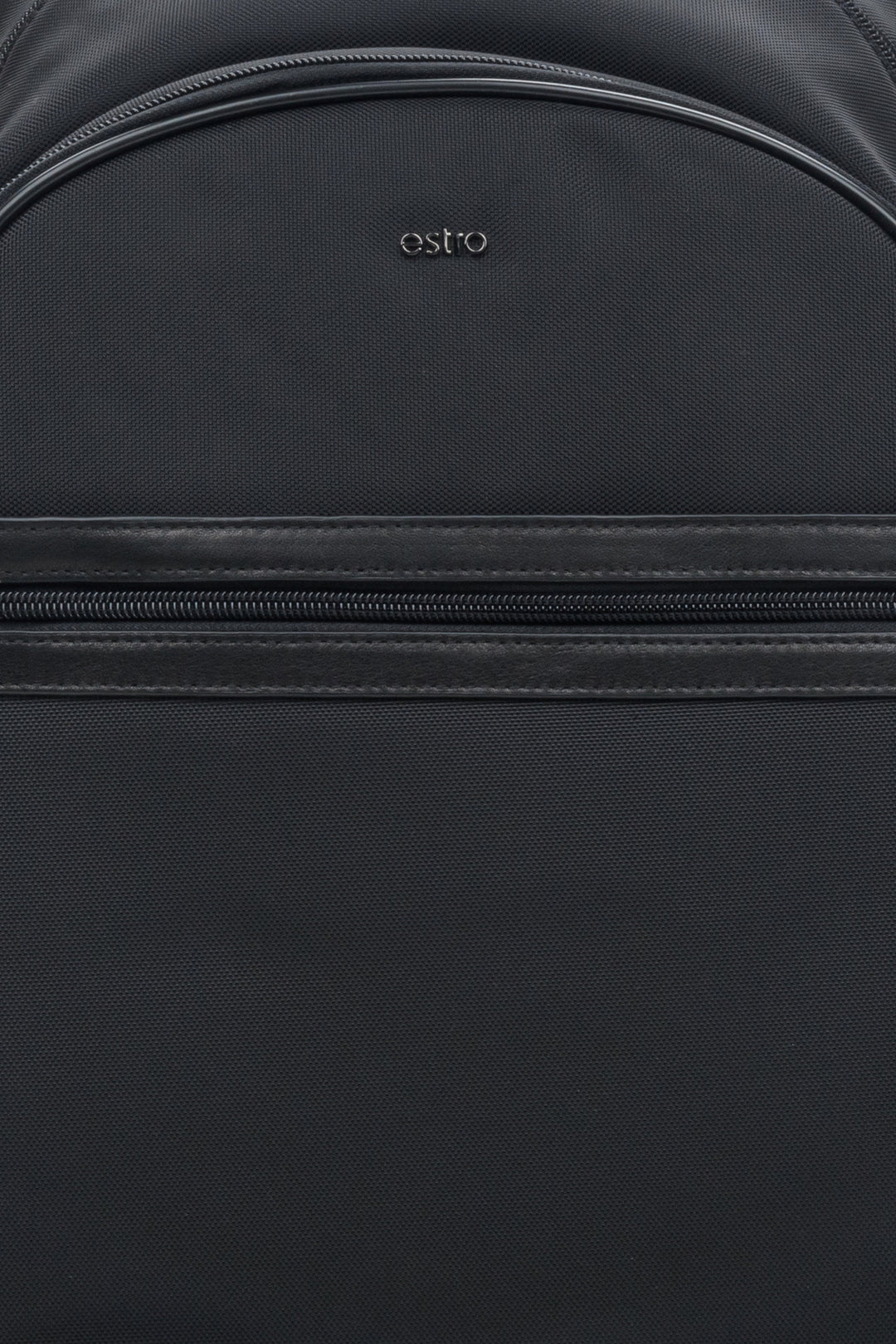 A men's black backpack by Estro - close-up on the details.