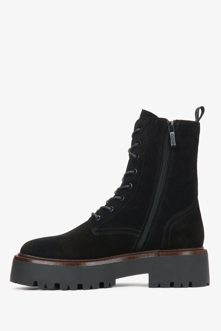 Women's black ankle boots made of natural velour by Estro - shoe profile.