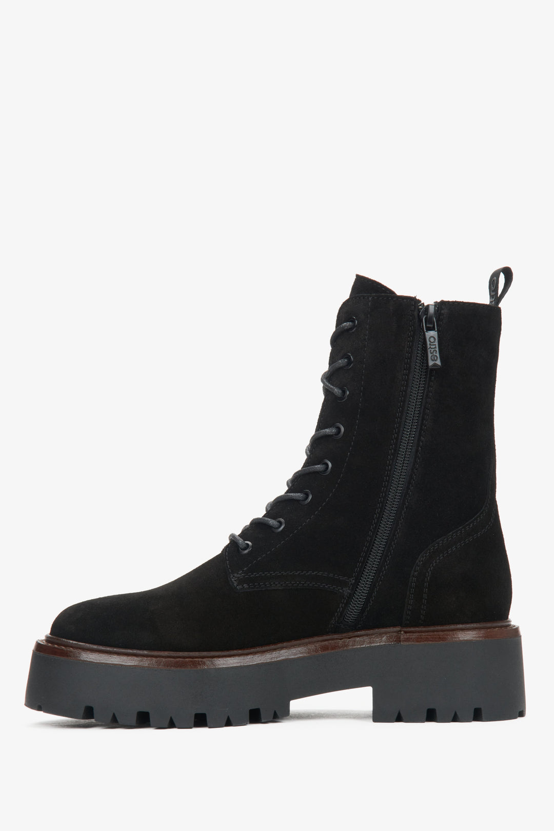 Women's black ankle boots made of natural velour by Estro - shoe profile.