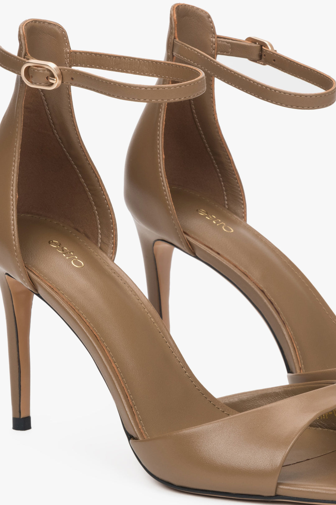 Women's brown leather sandals with a high heel by Estro.