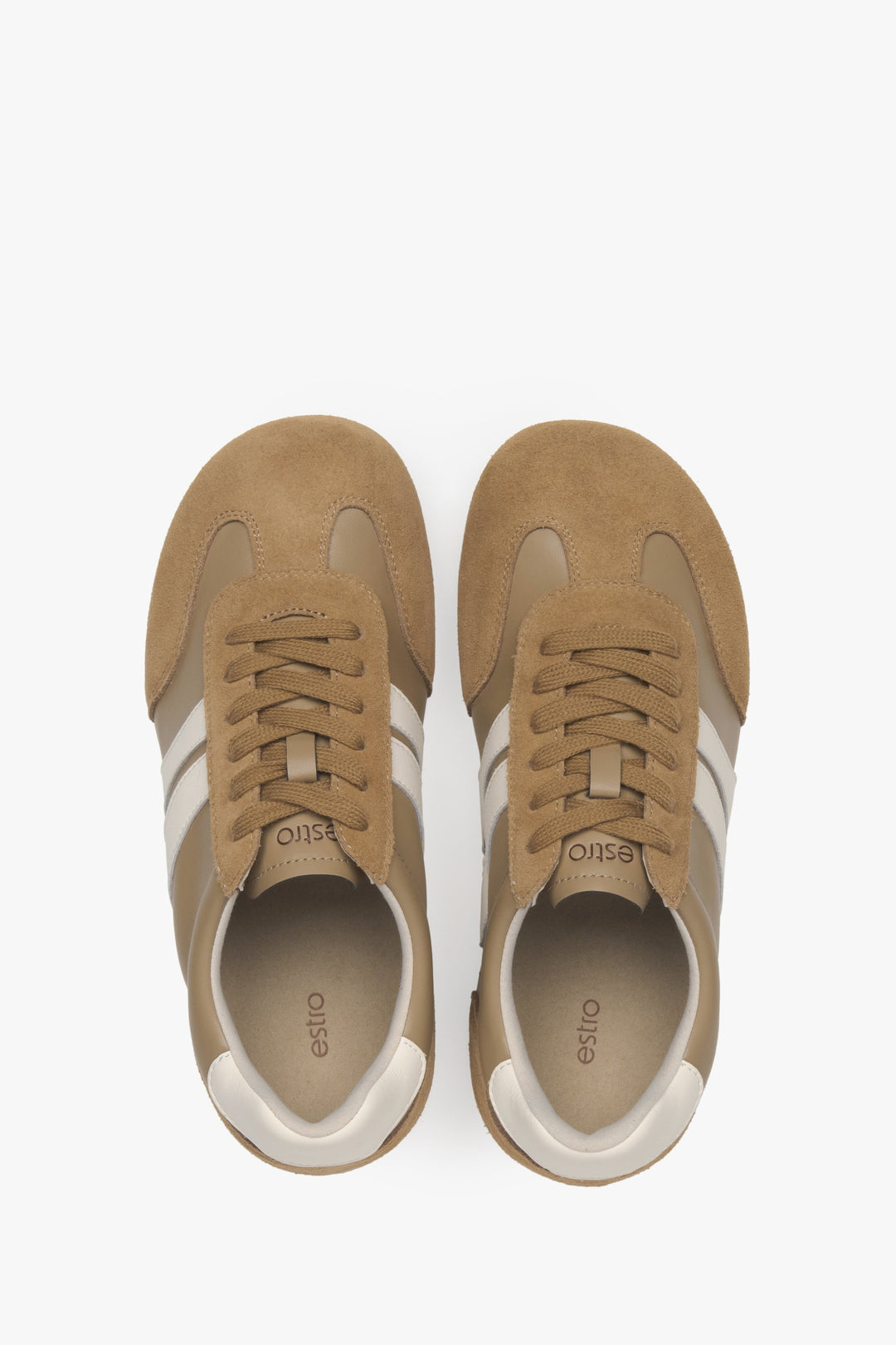 Brown women's sneakers from Estro, made of velour and natural leather.