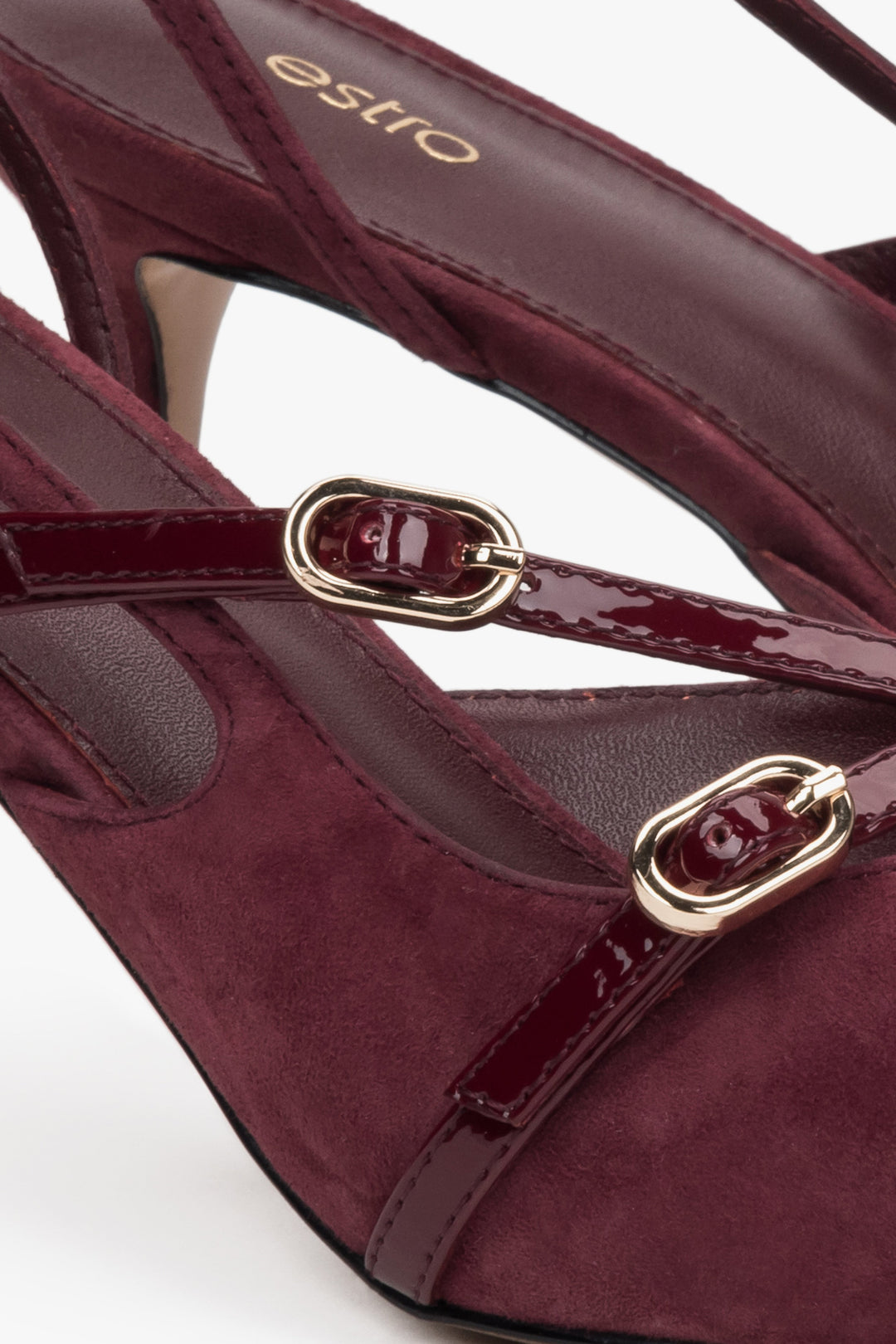 Burgundy slingback pumps for women by Estro, made from soft velour – close-up on the details.