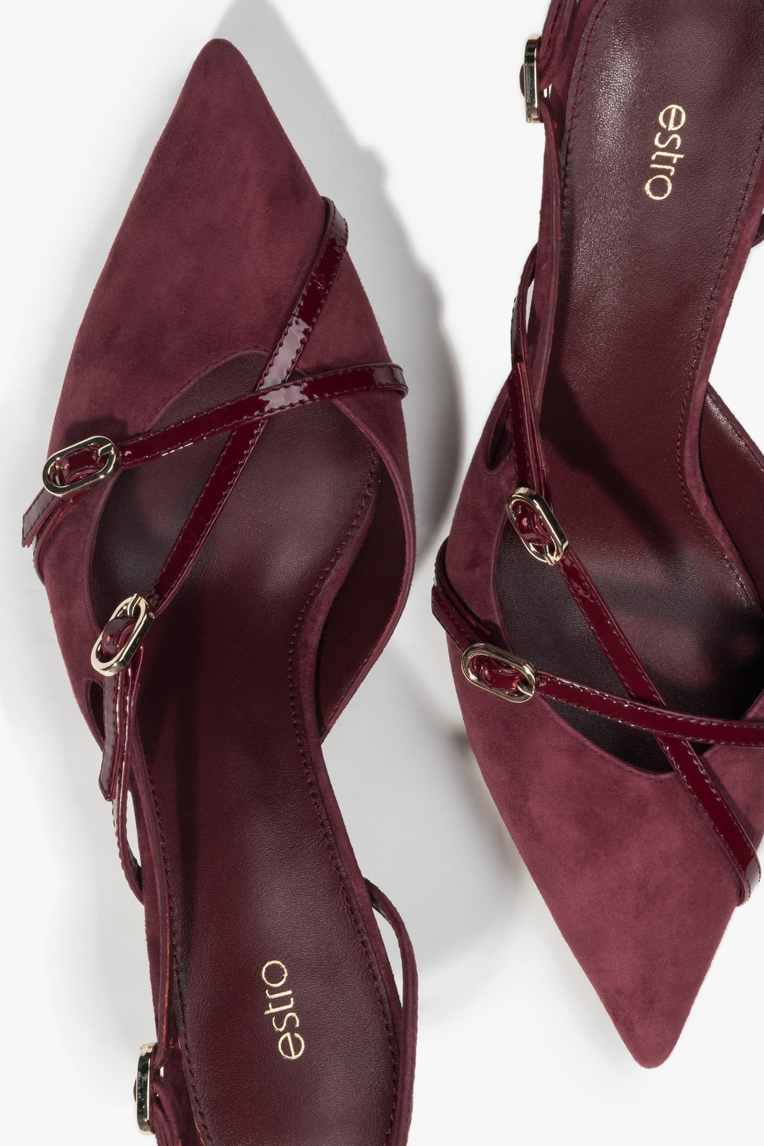 Unique burgundy slingback pumps for women by Estro – top view presentation.