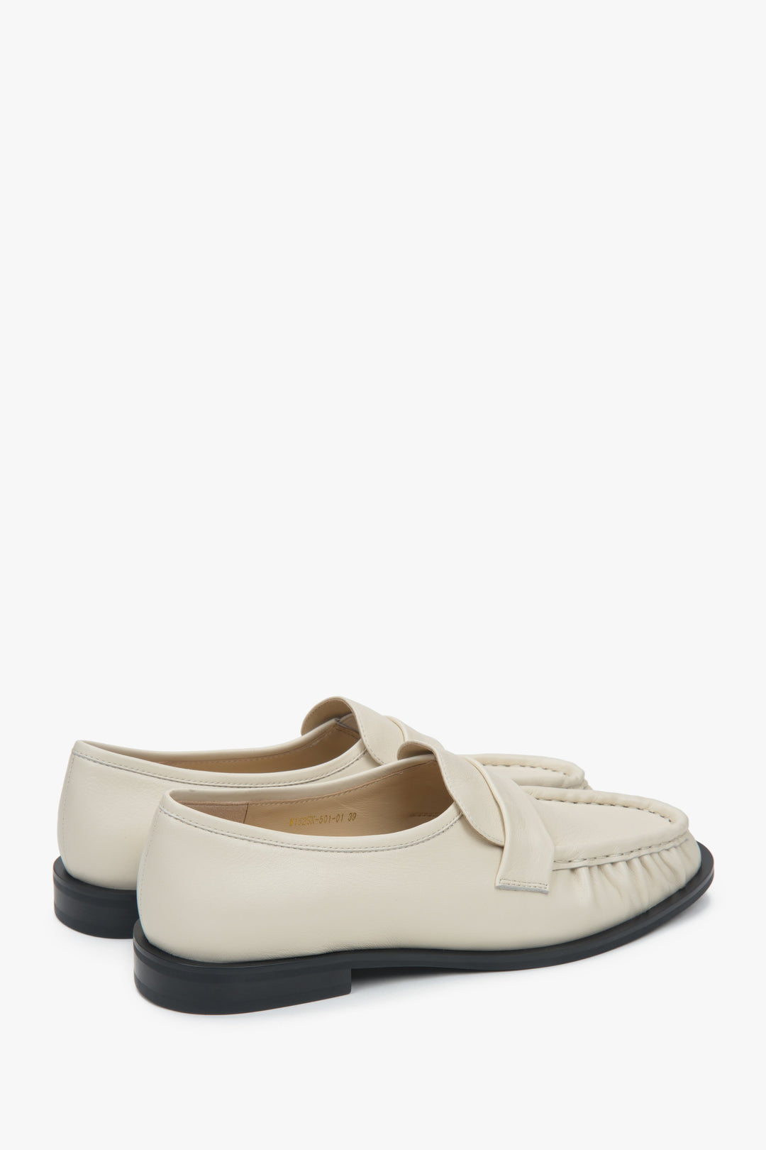 Light beige women's loafers made of natural leather with decorative gathering by Estro.