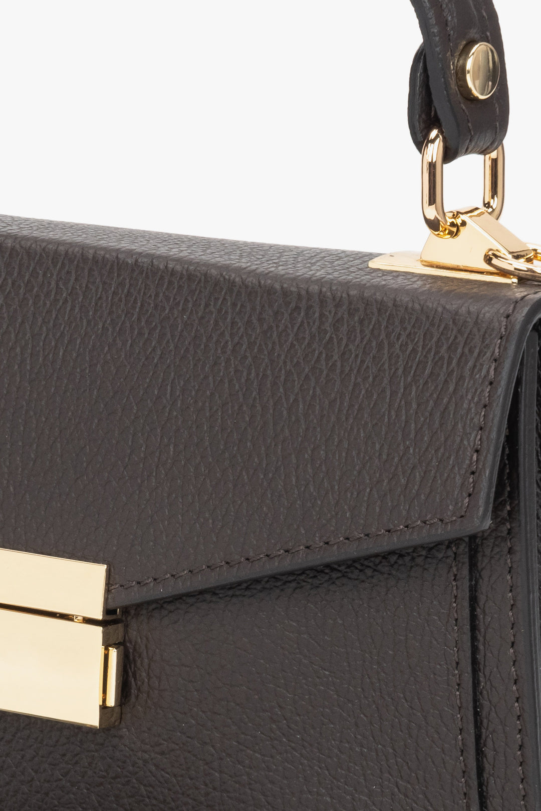 Women's small dark brown handbag made of premium Italian genuine leather - close-up on details.