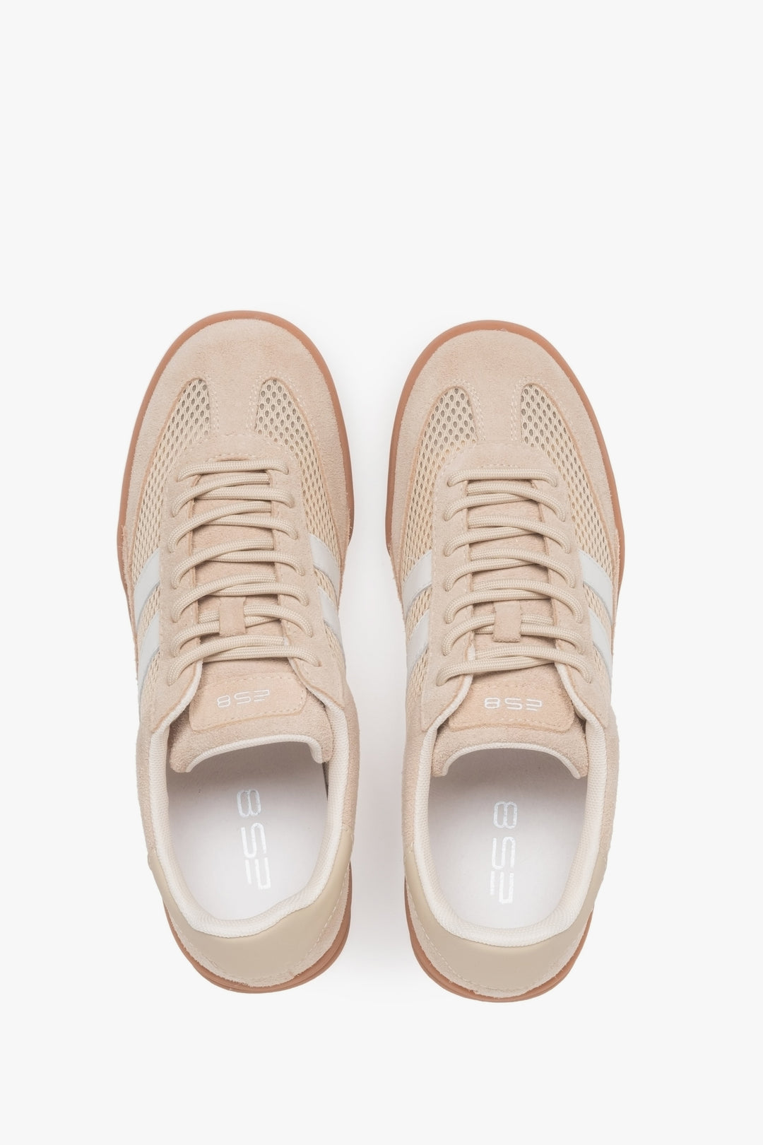 Lightweight beige women's sneakers made of mesh and velour – top view presentation.