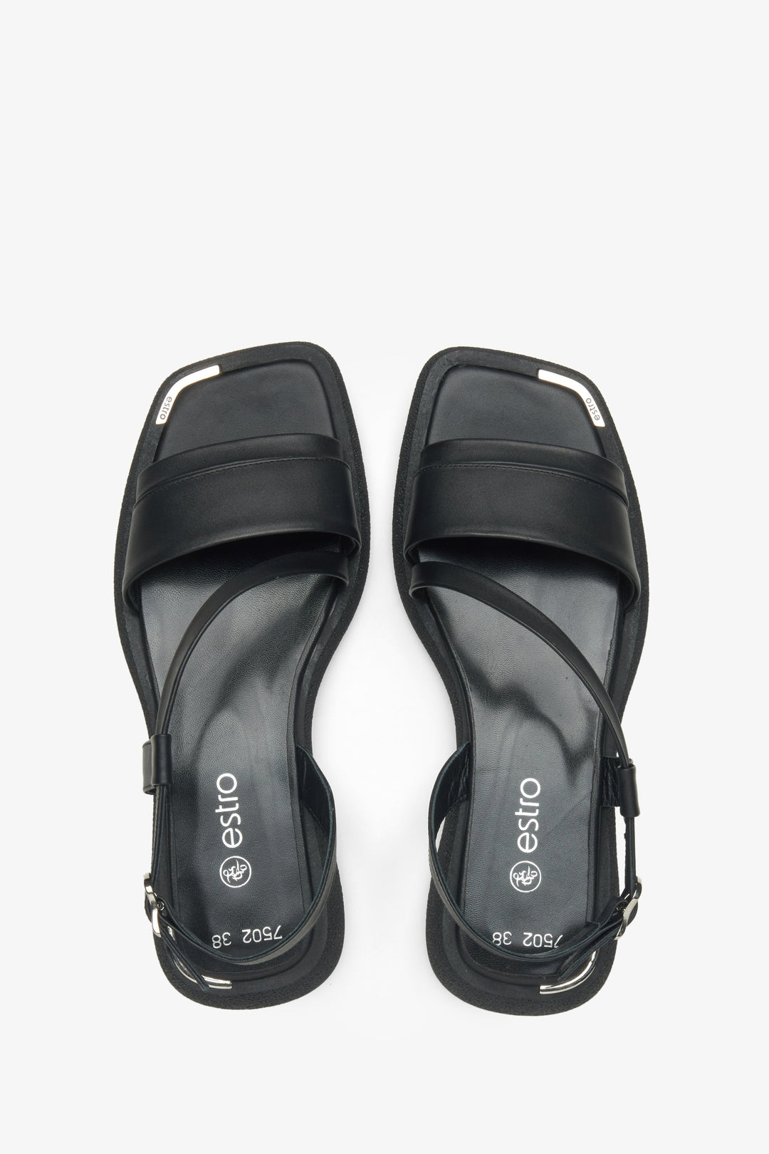 Black leather sandals by Estro, designed for comfort with a specially contoured sole.