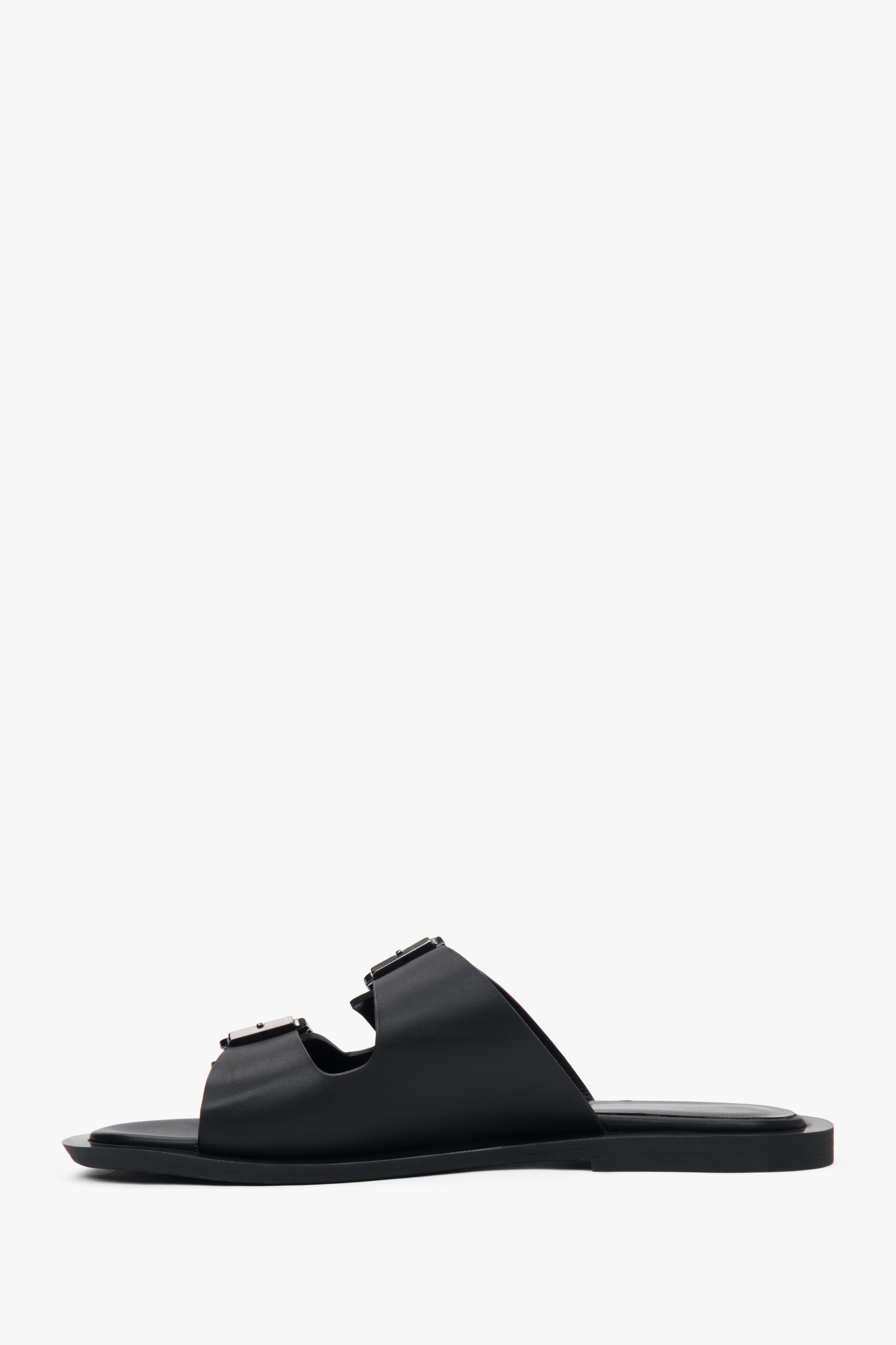 Comfortable black women's slides by Estro, made of high-quality natural leather and featuring two wide straps.