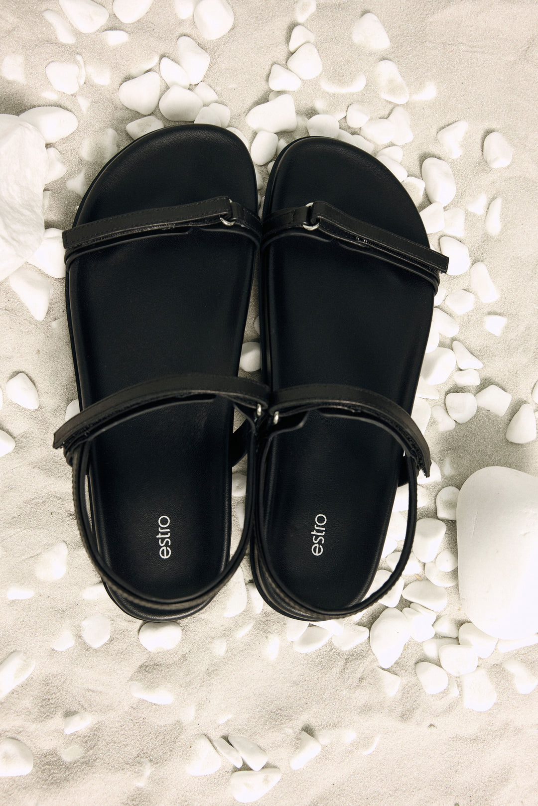 Lightweight black women's sandals by Estro made of thin straps and soft lining, perfect for summer – top view.
