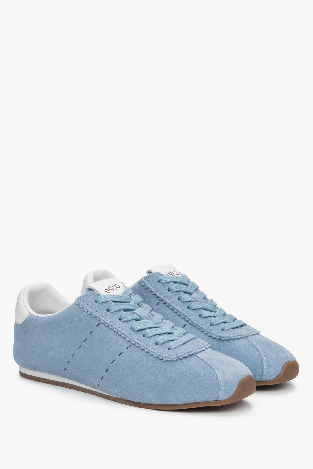 Soft blue velour women's sneakers with a low sole by Estro.