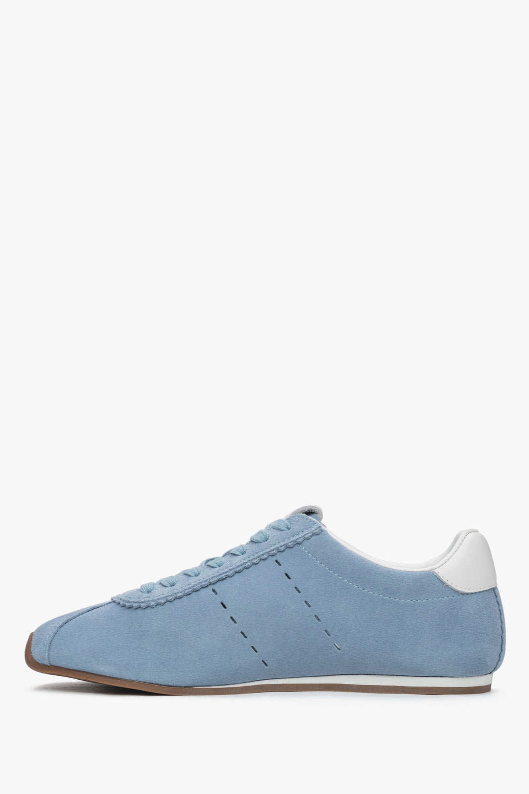 Blue women's sneakers made of natural velour with a thin sole by Estro – side view of the shoe.