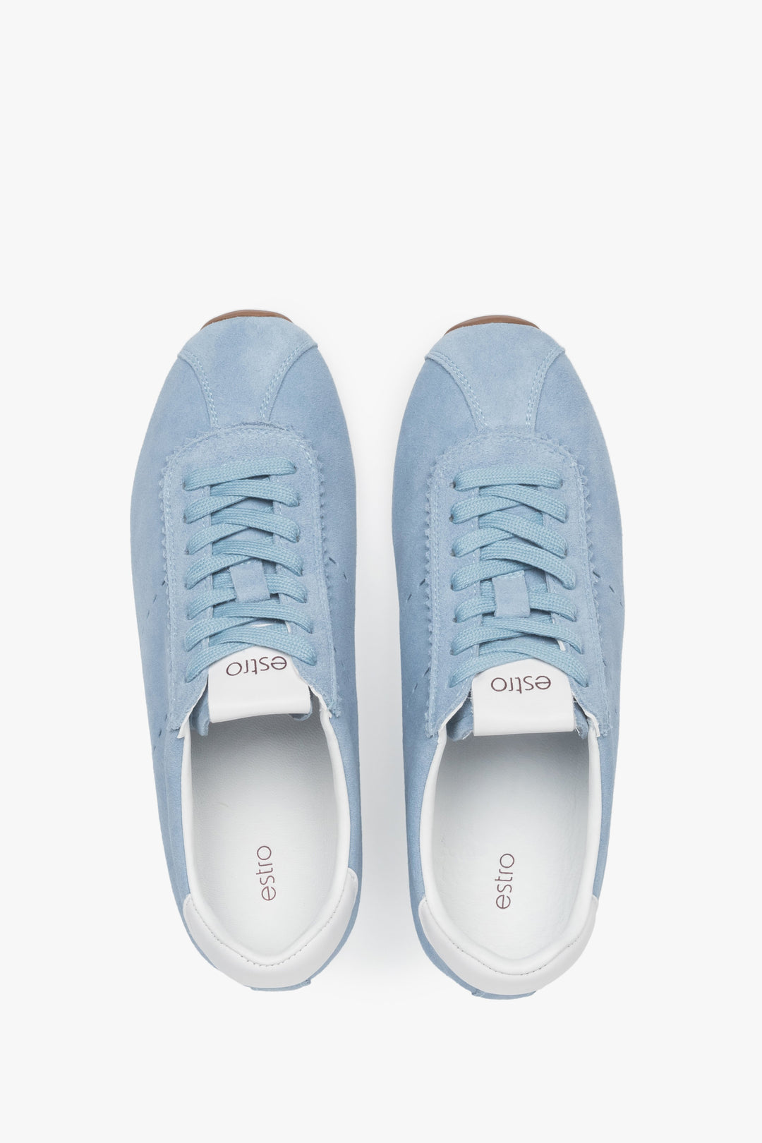 Light and soft women's sneakers by Estro made of natural velour in blue – top view presentation.