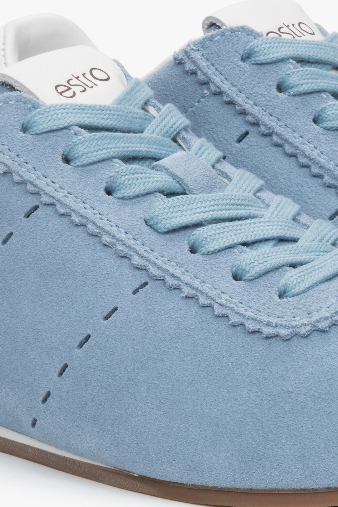 Blue velour women's sneakers with a low sole by Estro – close-up of the details.