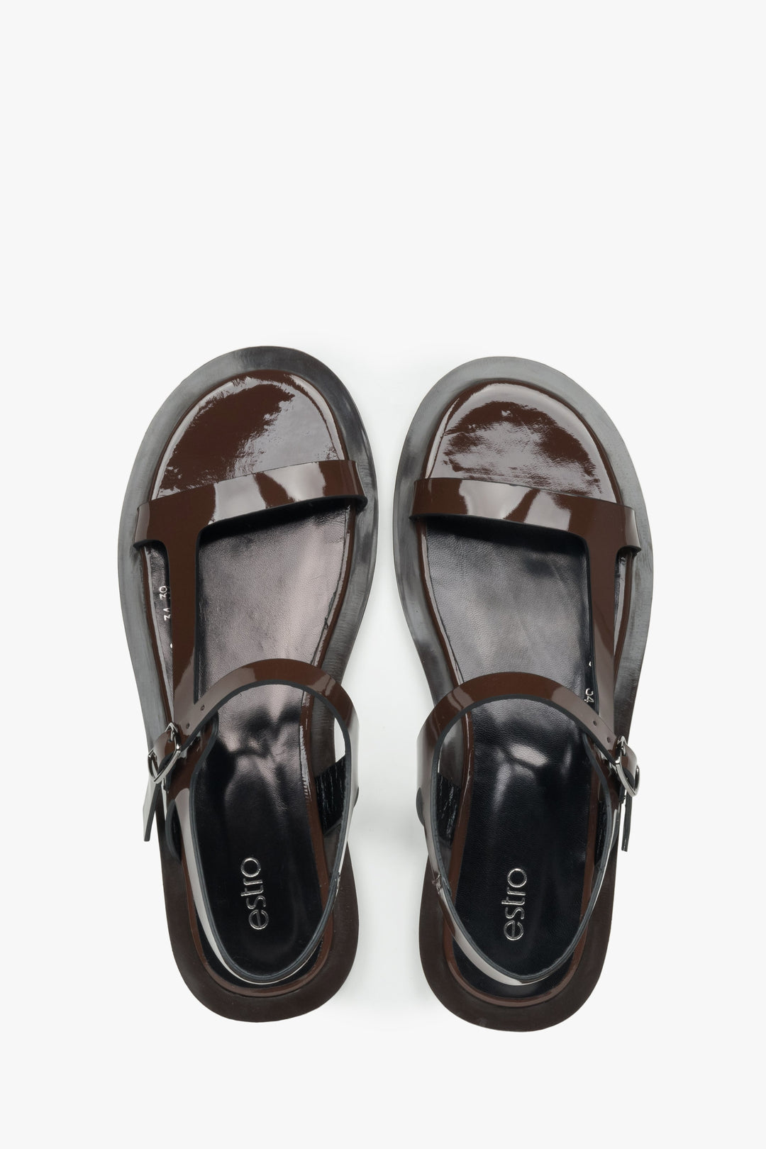 Dark brown patent leather sandals by Estro - top view presentation.