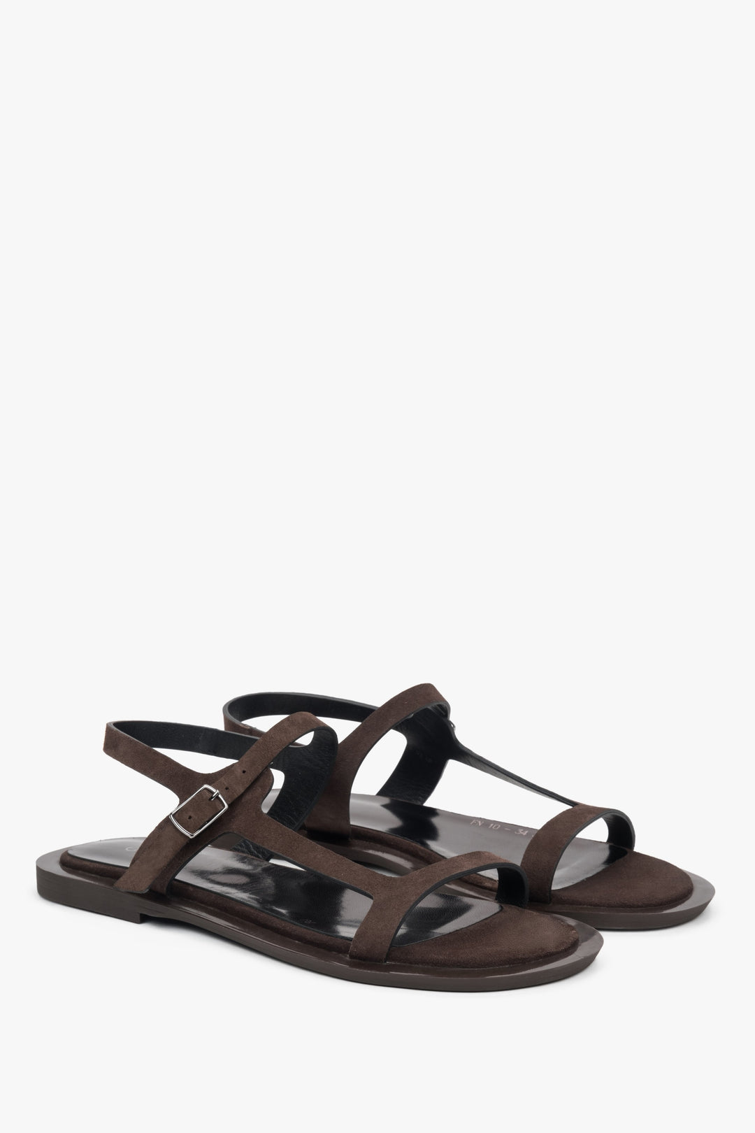 Dark brown women's sandals by Estro, crafted from delicate suede, featuring a minimalist design with thin straps.