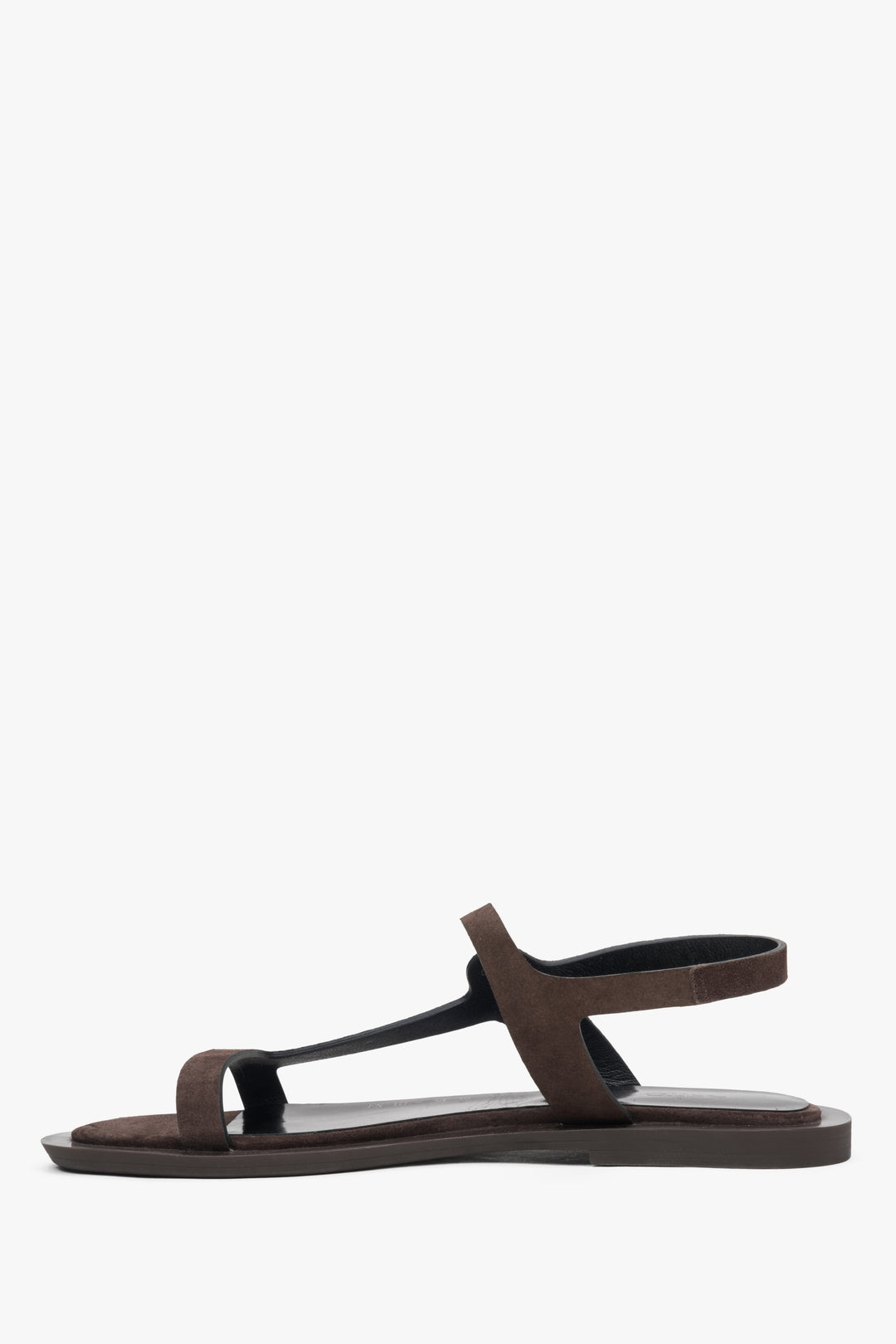 Dark brown women's sandals by Estro, made from soft suede and featuring subtle, thin straps.