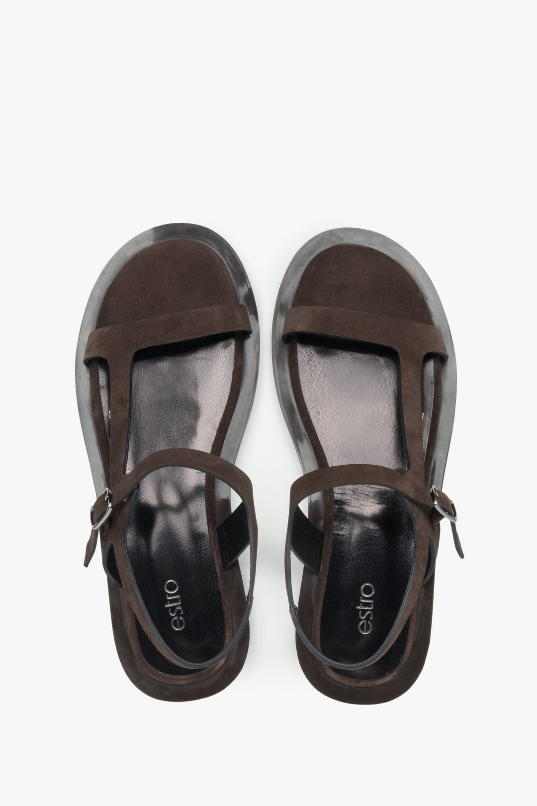 Dark brown suede sandals by Estro, perfect for summer, with a lightweight design featuring thin straps.