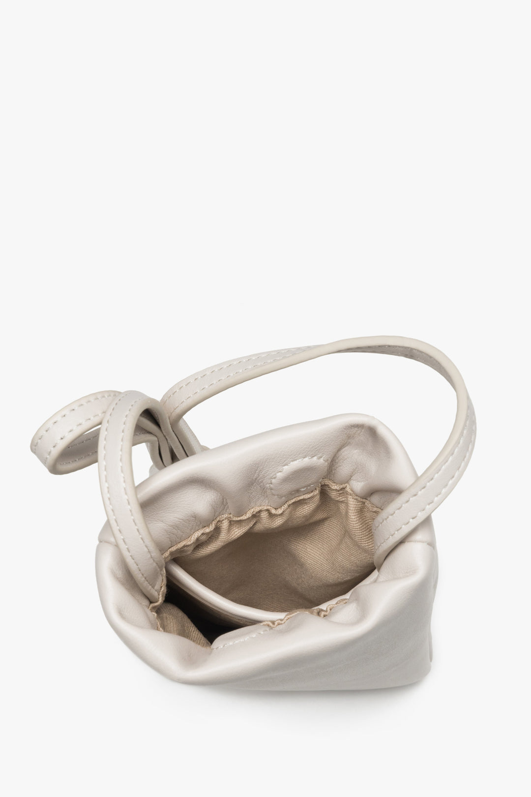 Women's leather phone bag by Estro in light beige.