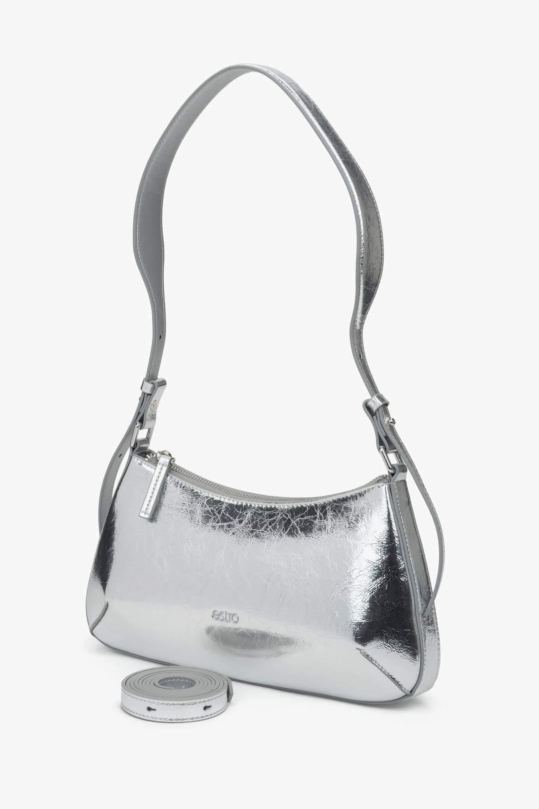 Women's silver leather baguette handbag by Estro.