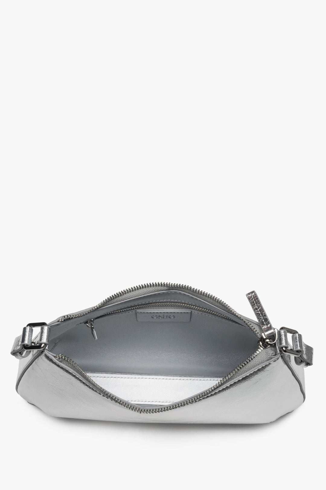 Silver women's baguette handbag made of leather by Estro.