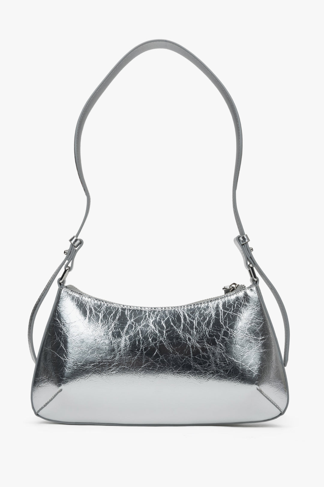 Silver leather women's baguette handbag by Estro.
