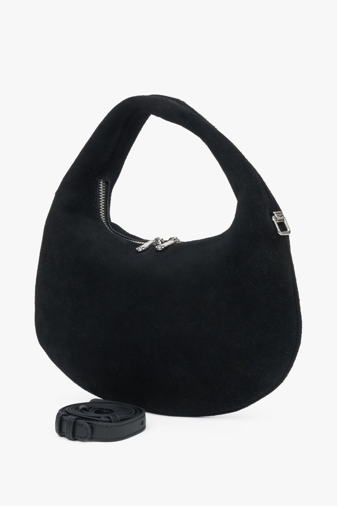 Black hand-held handbag made of natural velour.