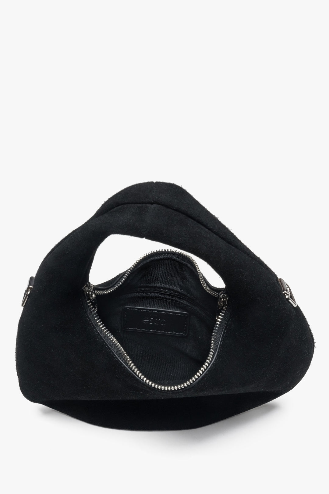 Small black handbag by Estro, made of natural velour.