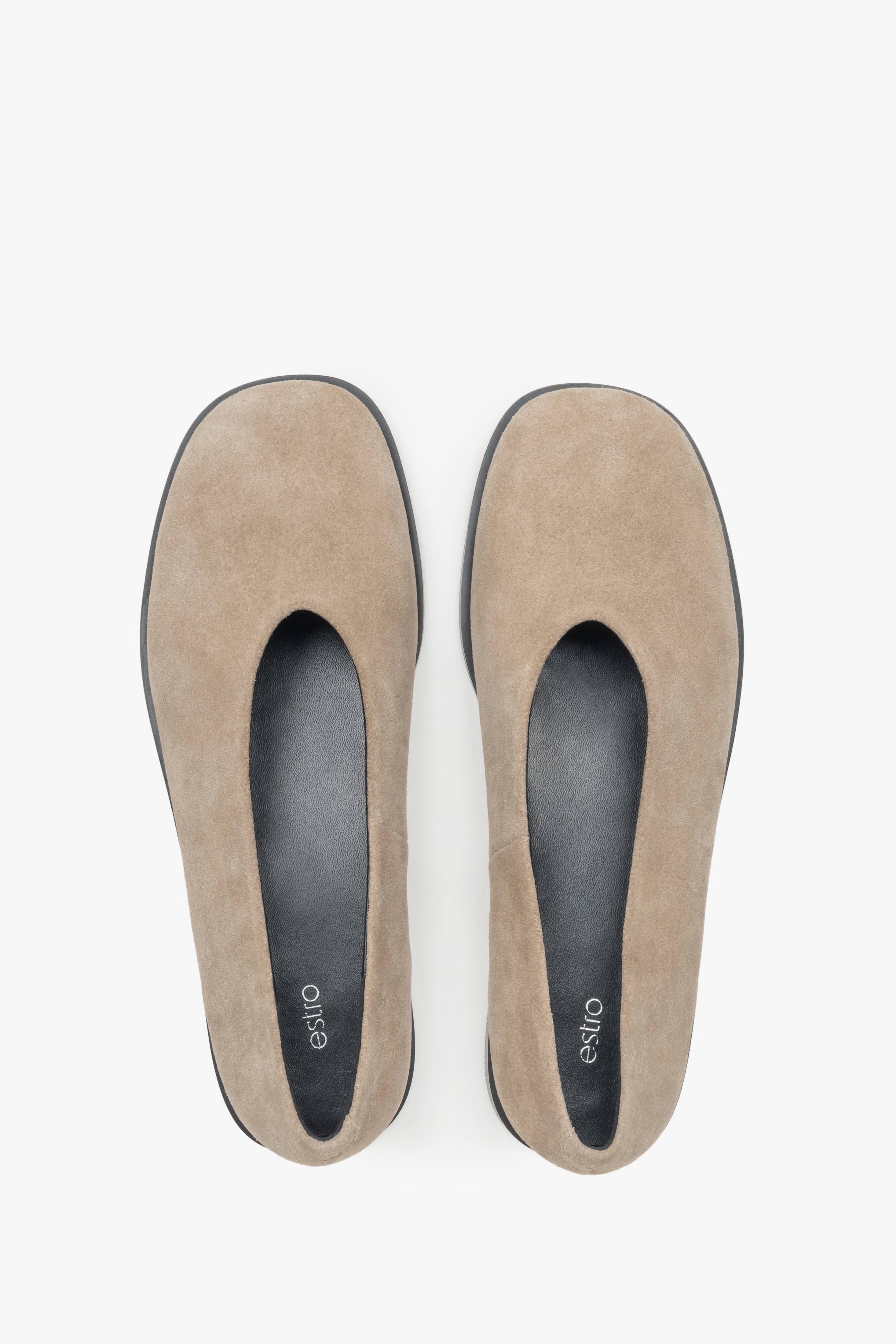 Velvety-touch beige ballet flats by Estro, made from soft velour.
