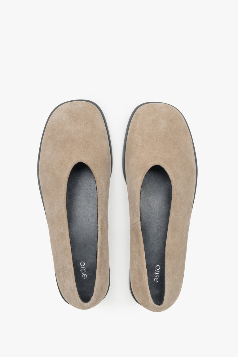 Velvety-touch beige ballet flats by Estro, made from soft velour.