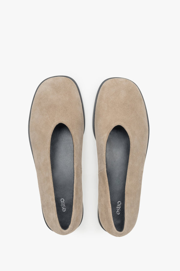 Velvety-touch beige ballet flats by Estro, made from soft velour.