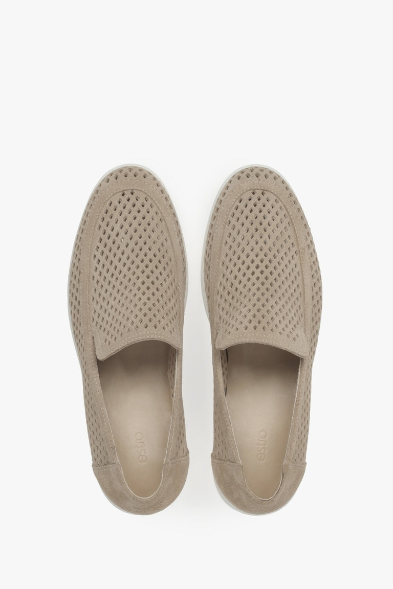 Stylish women's Premium loafers made of natural Italian velour – beige and perforated.
